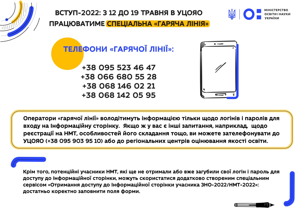 Вступ-2022: з 12 до 19 травня в УЦОЯО працює спеціальна «гаряча лінія»