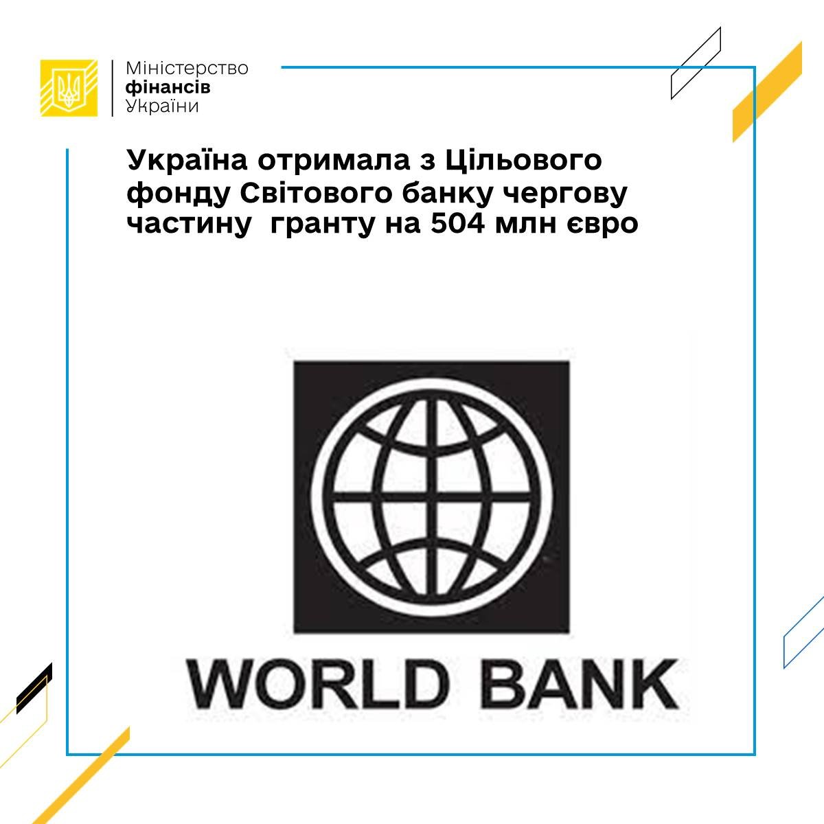 Україна отримала з Цільового фонду Світового банку чергову частину гранту на 504 млн євро